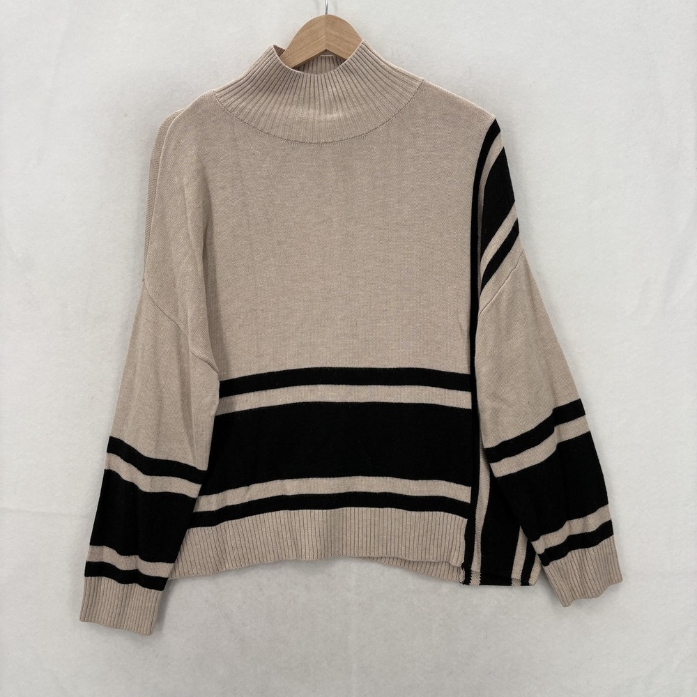 JS71 Rourke Sweater Womens S/M Beige Black Stripe Mock Neck Knit Cashmere Blend